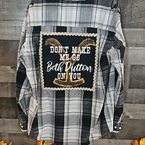 Upcyclcled Sz XL Plaid Button-Up Shirt with Graphic Patch